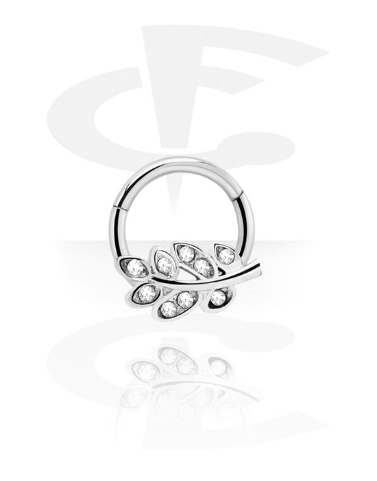 Piercingové kroužky, Piercingový clicker (chirurgická ocel, stříbrná, lesklý povrch) s designem list a krystalovými kamínky, Chirurgická ocel 316L