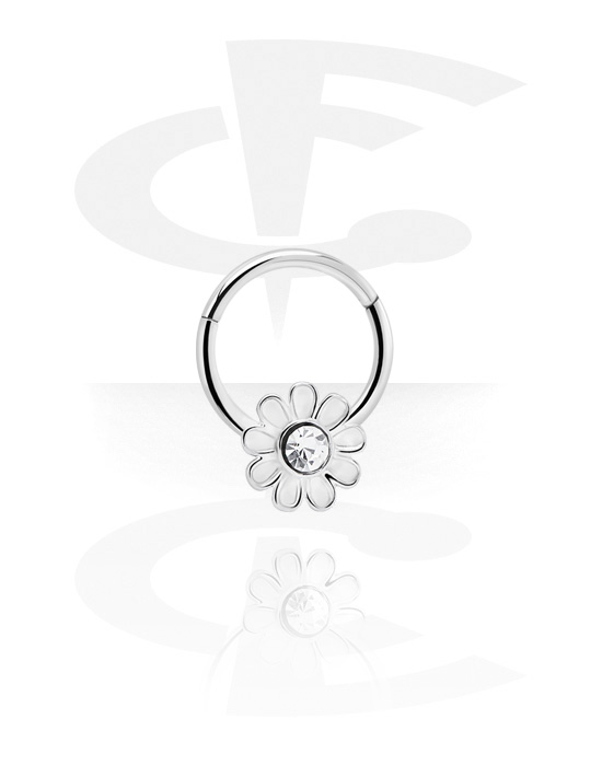 Pírsingové krúžky, Pírsingový clicker (chirurgická oceľ, strieborná, lesklý povrch) s Kvetinou a Kryštálový kameň, Chirurgická oceľ 316L