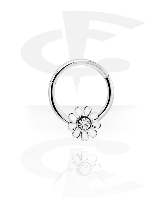 Piercing ad anello, Multi-purpose clicker (acciaio chirurgico, argento, finitura lucida) con fiore e brillantino, Acciaio chirurgico 316L
