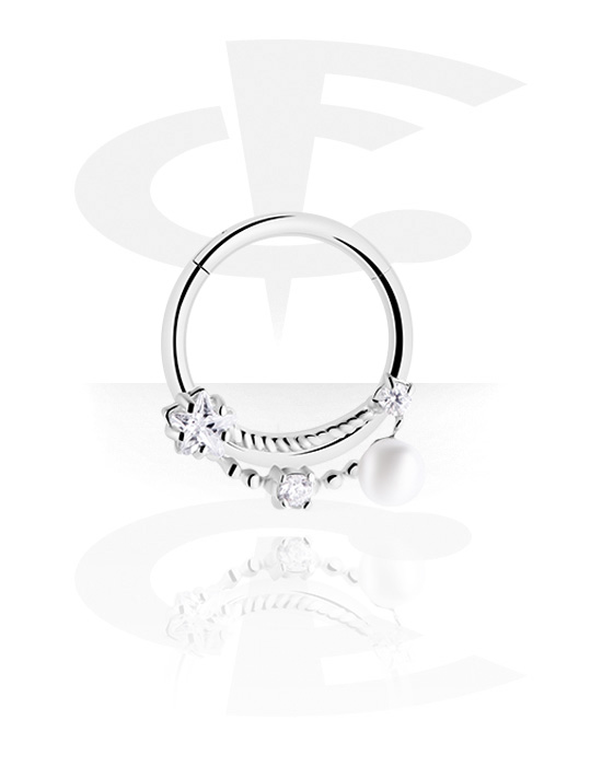 Piercingové kroužky, Piercingový clicker (chirurgická ocel, stříbrná, lesklý povrch) s perlou a krystalovými kamínky, Chirurgická ocel 316L