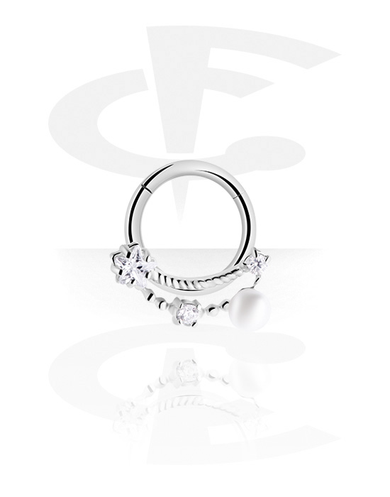 Piercing Rings, Piercing clicker (surgical steel, silver, shiny finish) with pearl and crystal stones, Surgical Steel 316L