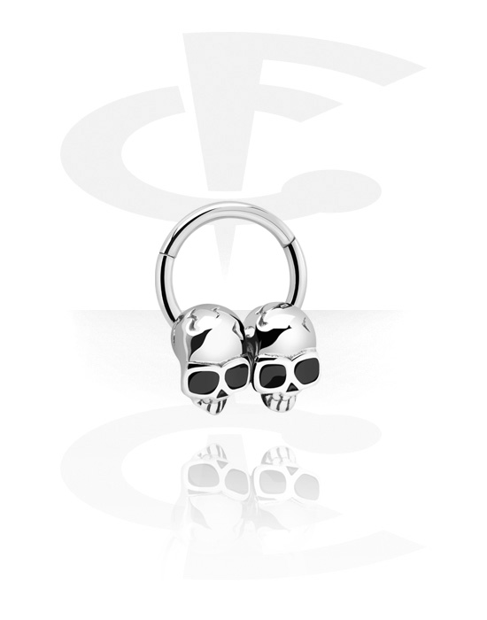 Piercingové kroužky, Piercingový clicker (chirurgická ocel, stříbrná, lesklý povrch) s lebkami, Chirurgická ocel 316L