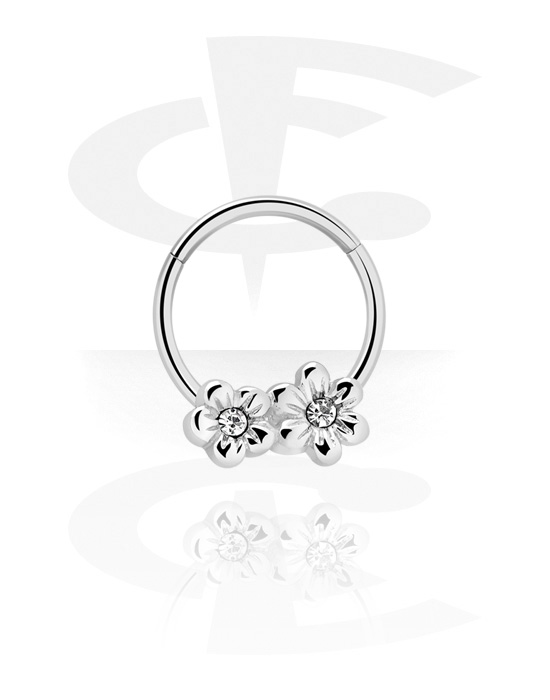 Piercingové kroužky, Piercingový clicker (chirurgická ocel, stříbrná, lesklý povrch) s Květinami a krystalovými kamínky, Chirurgická ocel 316L