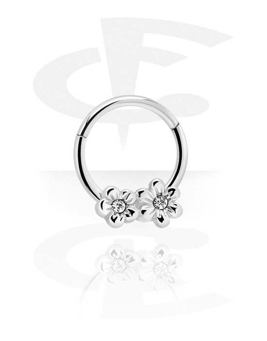 Piercing Ringe, Piercing-Klicker (Chirurgenstahl, silber, glänzend) mit Blumen und Kristallsteinchen, Chirurgenstahl 316L