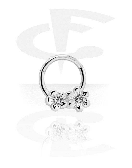 Anéis piercing, Multi-purpose clicker (aço cirúrgico, prata, acabamento brilhante) com flores e pedras de cristal, Aço cirúrgico 316L