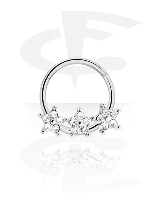 Anéis piercing, Multi-purpose clicker (aço cirúrgico, prata, acabamento brilhante) com flores e pedras de cristal, Aço cirúrgico 316L