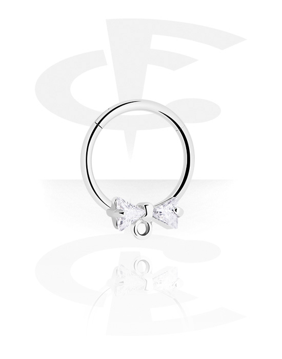 Piercing Rings, Piercing clicker (surgical steel, silver, shiny finish) with bow and crystal stones, Surgical Steel 316L