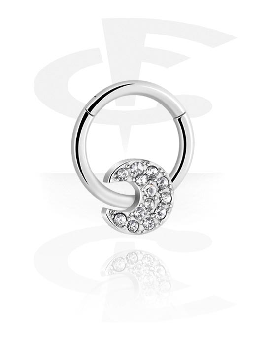 Piercing Rings, Piercing clicker (surgical steel, silver, shiny finish) with moon attachment and crystal stones, Surgical Steel 316L