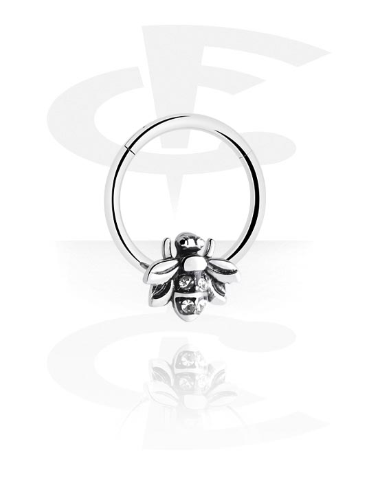 Piercingové kroužky, Piercingový clicker (chirurgická ocel, stříbrná, lesklý povrch) s včelou a krystalovými kamínky, Chirurgická ocel 316L
