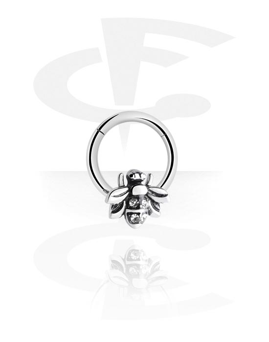 Piercingové kroužky, Piercingový clicker (chirurgická ocel, stříbrná, lesklý povrch) s včelou a krystalovými kamínky, Chirurgická ocel 316L