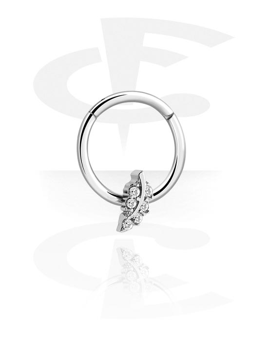 Anéis piercing, Multi-purpose clicker (aço cirúrgico, prata, acabamento brilhante) com design folha e pedras de cristal, Aço cirúrgico 316L
