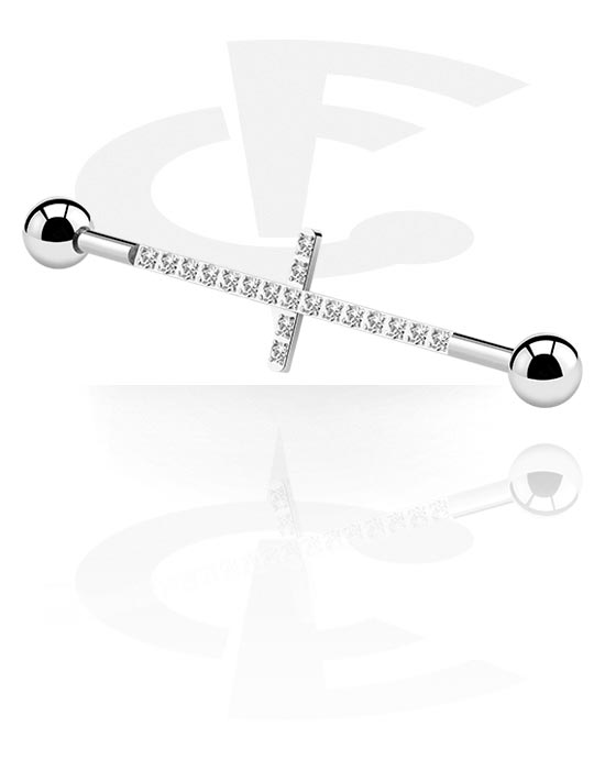 Barbell, Industrial barbell con simbolo della croce e cristallini, Acciaio chirurgico 316L