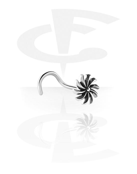 Nosovky a kroužky do nosu, Zahnutá nosovka (chirurgická ocel, stříbrná, lesklý povrch) s koncovkou květina, Chirurgická ocel 316L