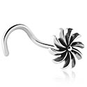 Nosovky a krúžky do nosa, Zahnutá nosovka (chirurgická oceľ, strieborná, lesklý povrch) s ozdoba kvetina, Chirurgická oceľ 316L