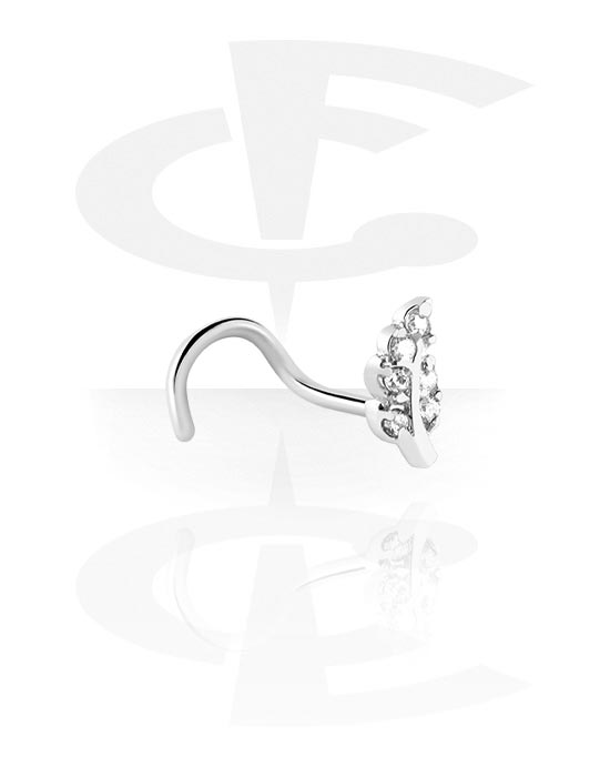 Nose Jewelry & Septums, Curved nose stud (surgical steel, silver, shiny finish) with leaf design and crystal stones, Surgical Steel 316L