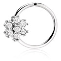 Piercing Rings, Continuous ring (surgical steel, silver, shiny finish) with flower design and crystal stones, Surgical Steel 316L