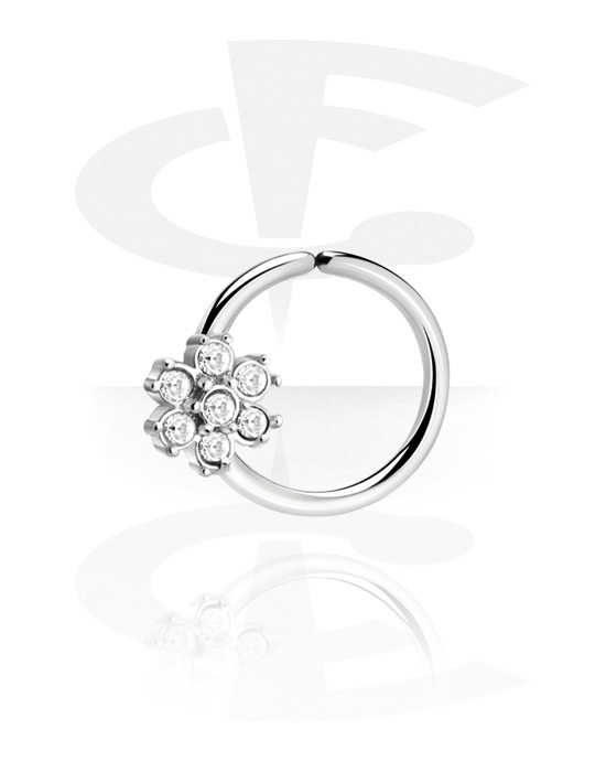Piercing Rings, Continuous ring (surgical steel, silver, shiny finish) with flower design and crystal stones, Surgical Steel 316L