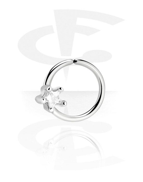 Anéis piercing, Continuous ring (aço cirúrgico, prata, acabamento brilhante) com acessório estrela e pedra de cristal, Aço cirúrgico 316L