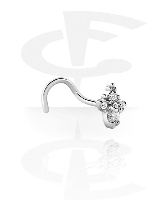 Nose Jewelry & Septums, Curved nose stud (surgical steel, silver, shiny finish) with crystal stones, Surgical Steel 316L