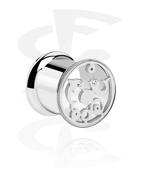 Tunnels & Plugs, Double flared tunnel (surgical steel, silver, shiny finish) with dolphin design and crystal stones, Surgical Steel 316L