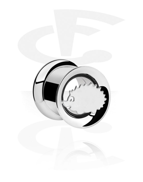 Tunnels & Plugs, Double flared tunnel (surgical steel, silver, shiny finish) with hedgehog design, Surgical Steel 316L