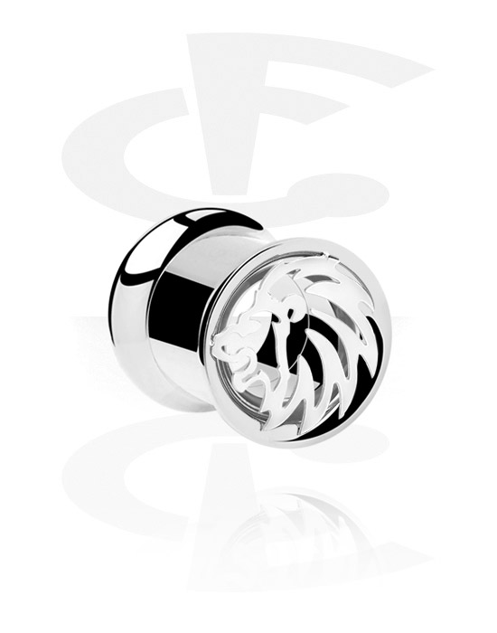 Tunnels & Plugs, Double flared tunnel (surgical steel, silver, shiny finish) with lion design, Surgical Steel 316L