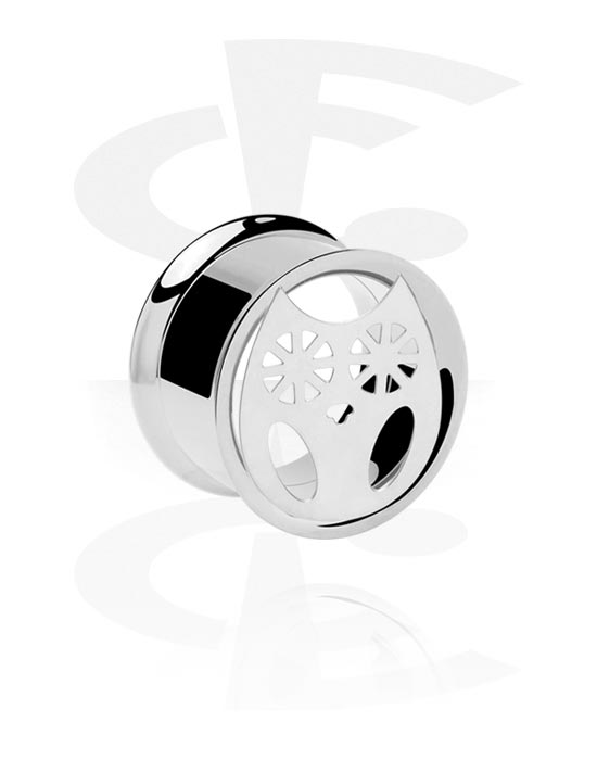 Tunnels & Plugs, Double flared tunnel (surgical steel, silver, shiny finish) with owl design, Surgical Steel 316L