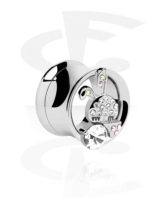 Tunnels & Plugs, Double flared tunnel (surgical steel, silver, shiny finish) with cute bunny design and crystal stones, Surgical Steel 316L
