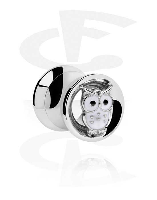 Tunnels & Plugs, Double flared tunnel (surgical steel, silver, shiny finish) with owl atttachment, Surgical Steel 316L