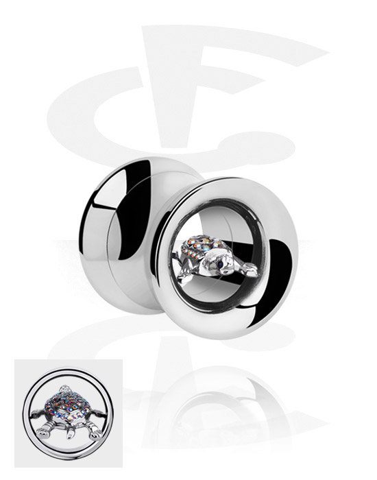 Tunnels & Plugs, Double flared tunnel (surgical steel, silver, shiny finish) with turtle design and crystal stones, Surgical Steel 316L