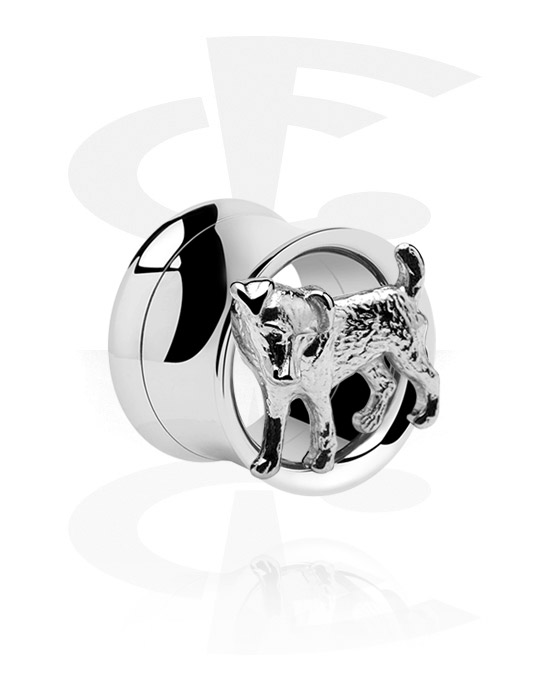 Tunnels & Plugs, Double flared tunnel (surgical steel, silver, shiny finish) with dog design, Surgical Steel 316L