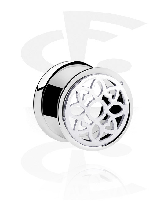 Tunnels & Plugs, Double flared tunnel (surgical steel, silver, shiny finish) with flower design, Surgical Steel 316L