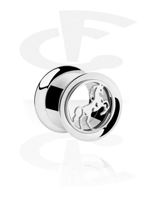 Tunnels & Plugs, Double flared tunnel (surgical steel, silver, shiny finish) with horse design, Surgical Steel 316L