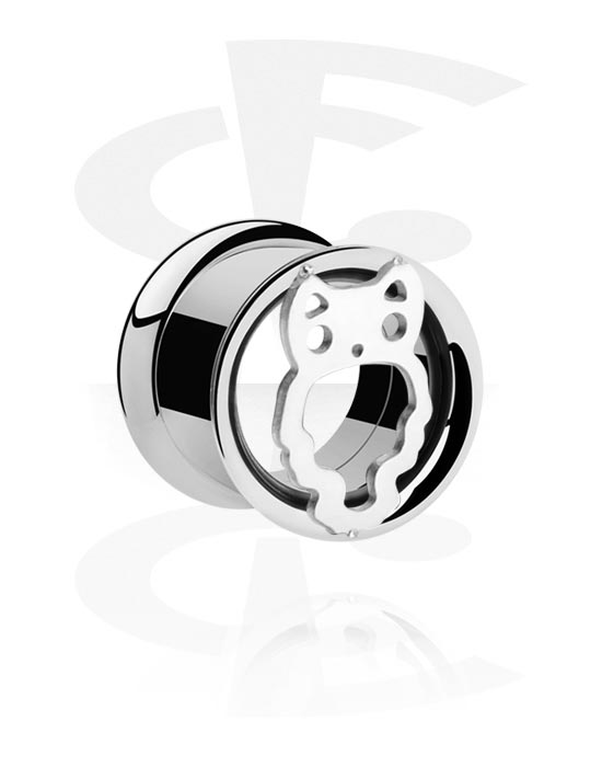 Tunnels & Plugs, Double flared tunnel (surgical steel, silver, shiny finish) with owl design, Surgical Steel 316L