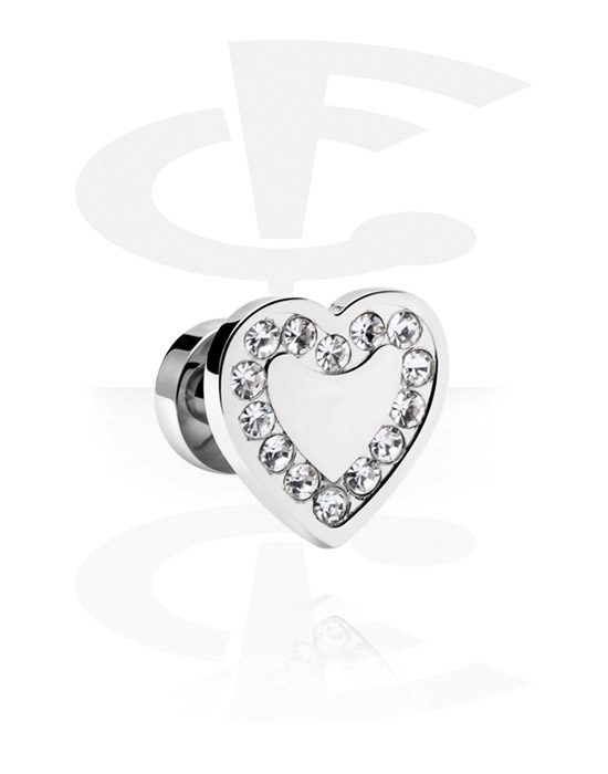 Tunnels & Plugs, Screw-on tunnel (surgical steel, silver, shiny finish) with heart attachment and crystal stones, Surgical Steel 316L