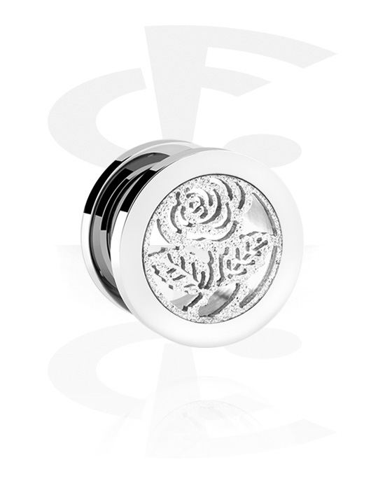 Tunnels & Plugs, Screw-on tunnel (surgical steel, silver, shiny finish) with rose design, Surgical Steel 316L