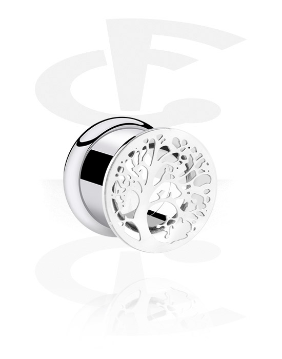 Tunnels & Plugs, Double flared tunnel (surgical steel, silver, shiny finish) with tree design, Surgical Steel 316L