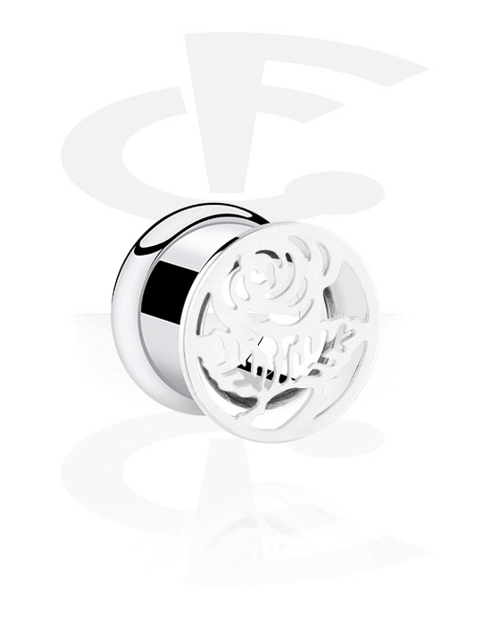 Tunnels & Plugs, Tunnel double flared (acier chirurgical, argent) avec motif rose, Acier chirurgical 316L