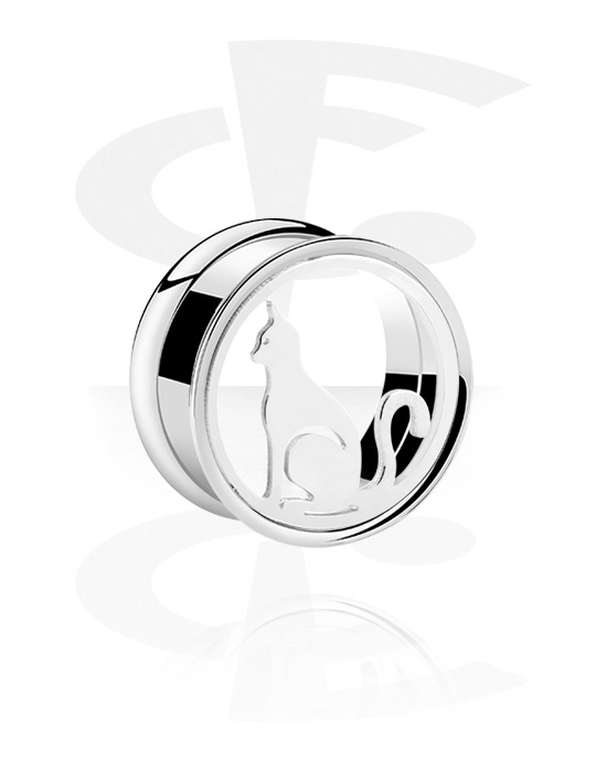 Tunnels & Plugs, Double flared tunnel (surgical steel, silver, shiny finish) with cat design, Surgical Steel 316L