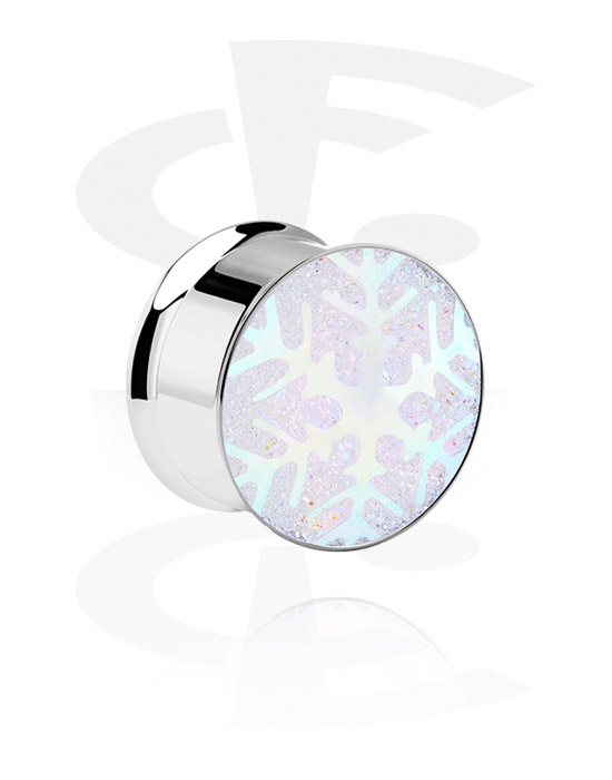 Tunnels & Plugs, Double flared tunnel (surgical steel, silver, shiny finish) with snowflake design, Surgical Steel 316L