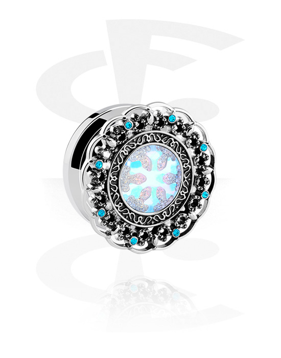 Tunnels & Plugs, Screw-on tunnel (surgical steel, silver, shiny finish) with snowflake design in various colours and crystal stones, Surgical Steel 316L