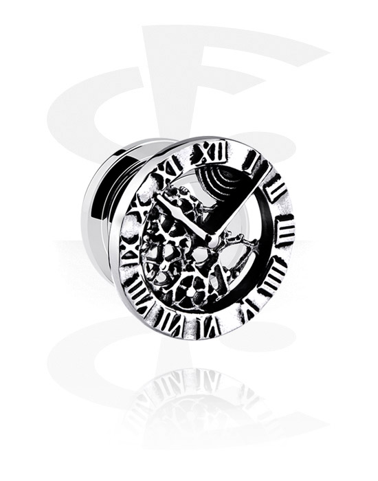 Tunnels & Plugs, Screw-on tunnel (surgical steel, silver, shiny finish) with vintage clock design, Surgical Steel 316L