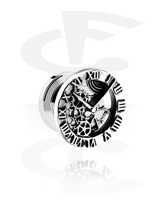 Tunnels & Plugs, Screw-on tunnel (surgical steel, silver, shiny finish) with vintage clock design, Surgical Steel 316L