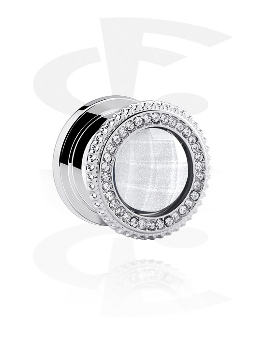 Tunnels & Plugs, Screw-on tunnel (surgical steel, silver, shiny finish) with crystal stones, Surgical Steel 316L