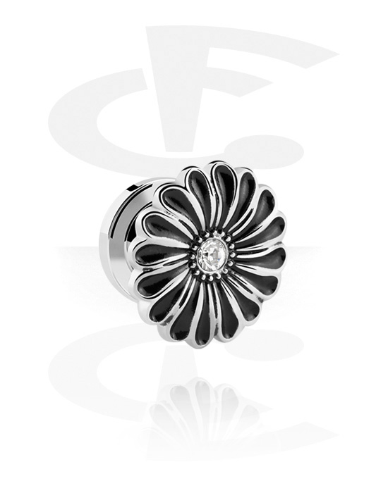 Tunnels & Plugs, Screw-on tunnel (surgical steel, silver, shiny finish) with flower design and crystal stone, Surgical Steel 316L