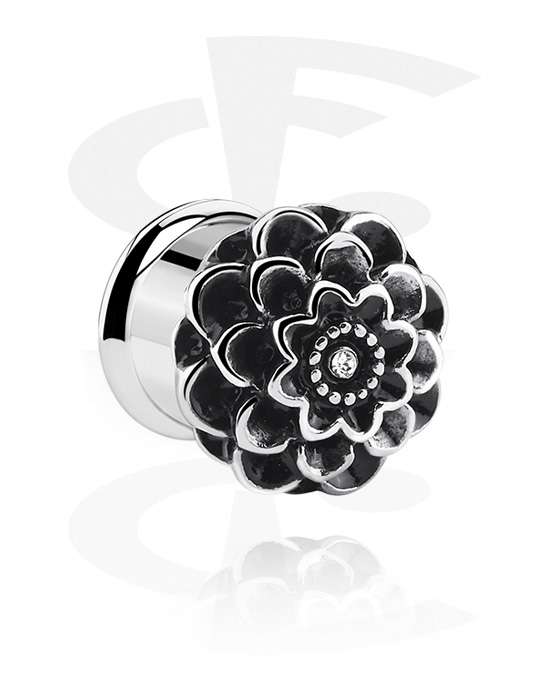 Tunnels & Plugs, Double flared tunnel (surgical steel, silver, shiny finish) with flower design and crystal stone, Surgical Steel 316L