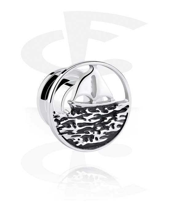 Tunnels & Plugs, Screw-on tunnel (surgical steel, silver, shiny finish) with ship design, Surgical Steel 316L