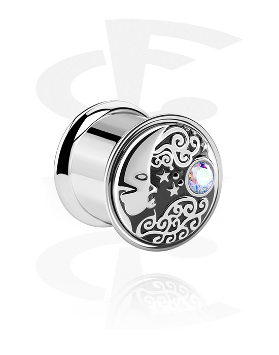Tunnels & Plugs, Double flared tunnel (surgical steel, silver, shiny finish) with moon design and crystal stone, Surgical Steel 316L