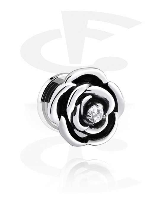 Tunnels & Plugs, Screw-on tunnel (surgical steel, silver, shiny finish) with rose design and crystal stone, Surgical Steel 316L