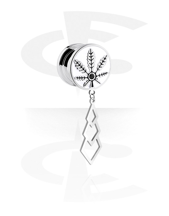 Tunnels & Plugs, Screw-on tunnel (surgical steel, silver, shiny finish) with leaf design and charm, Surgical Steel 316L